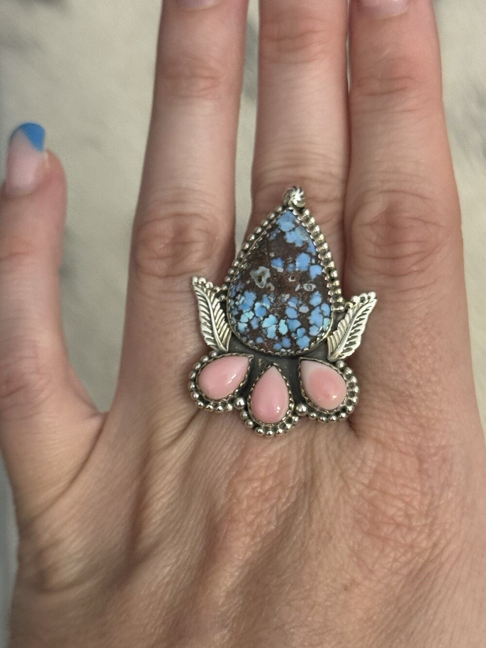 Sterling Silver Golden Hills Turquoise Pink Conch Multi-Stone Tear Drop Ring